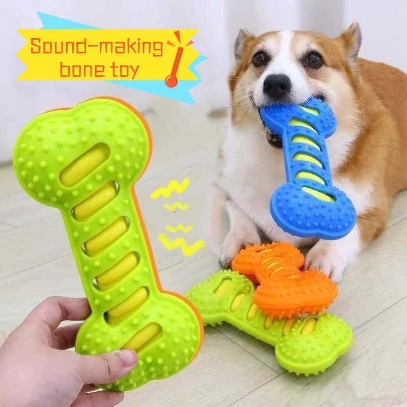 Giocattoli da masticare per cani in gomma resistente, giocattoli a forma di osso e bastoncino con squeaker, giocattoli interattivi resistenti ai morsi per la dentizione dei cuccioli