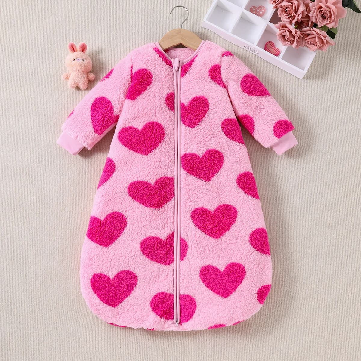 Long sleeved sleeping bag with casual printed two-sided zipper, slim fleece, autumn and winter season, cute and casual
