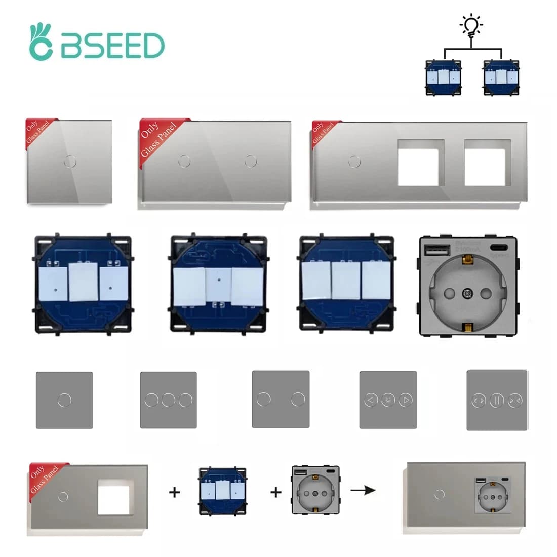 Interruttori tattili BSEED 1/2/3Gang 1/2Way Pannelli in vetro da parete Tipo-C Presa USB Spina di corrente UE Funzione parti Combinazione fai da te