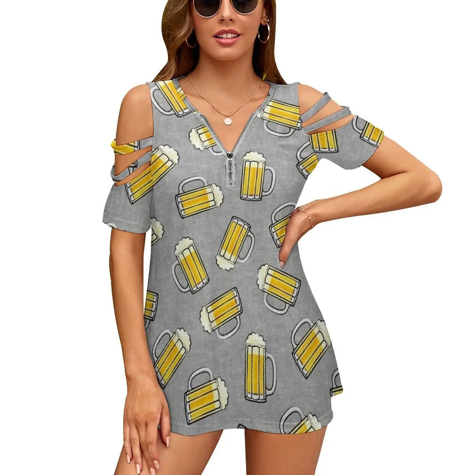 Boccale di birra-Grigio New Fashion Zip Off Spalla Top Camicia da donna a maniche corte Birra Grande Bozza di birra Bicchiere di birra Piccola freccia St