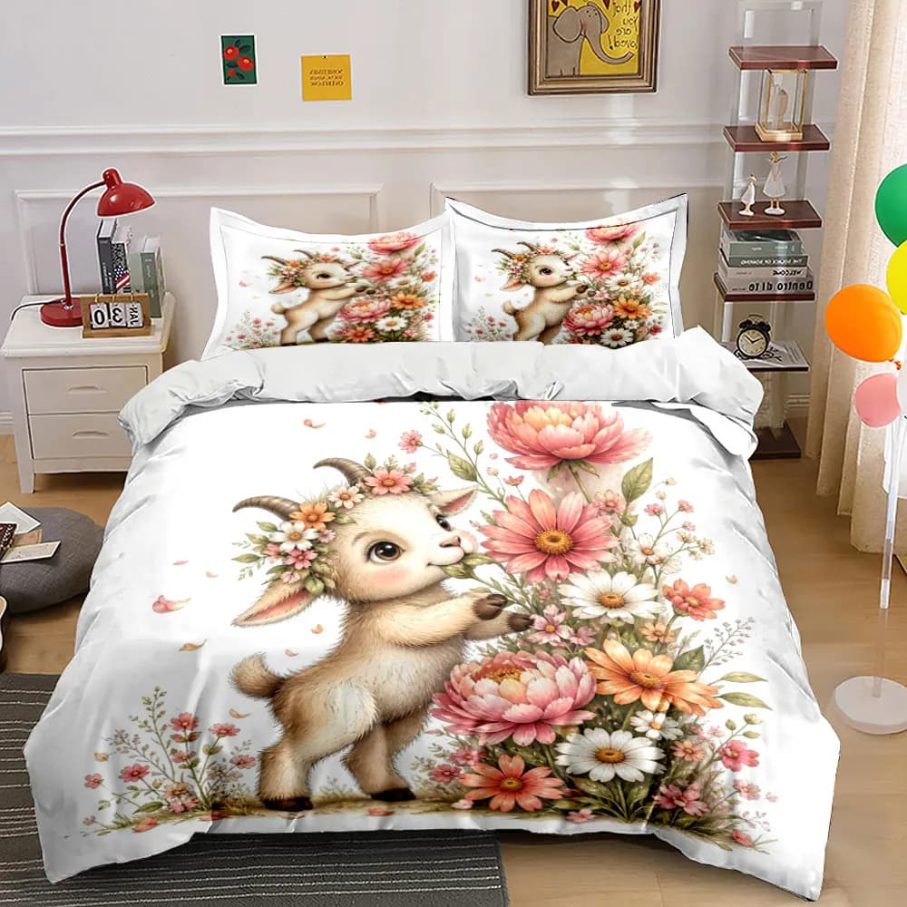 Goat with blooming flowers Print Bedding Set 1 Duvet Cover 2 Pillowcases for Adult and Children Luxury Gift Full Size