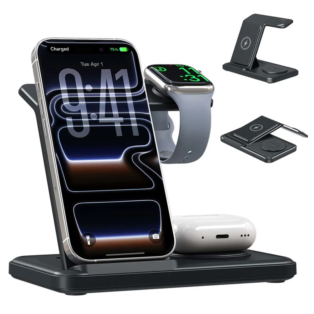 Caricatore Wireless 3 in 1 con Supporto per iPhone 17 16 Pro Max 15 14 13 12, Apple Watch 11-2, Airpods 4 Pro3/2, Stazione di Ricarica Rapida Pieghevole