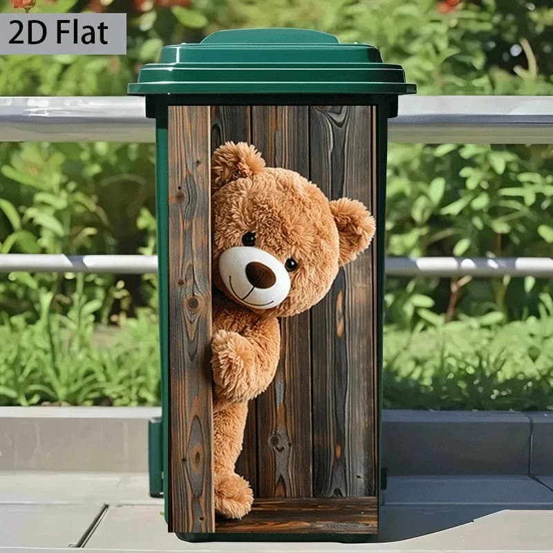 1pc Peeking Teddy Bear Wood Background Themed Trash Can Decal Wall Sticker, Ideal for Outdoor Trash Cans, Walls and Home Decor.