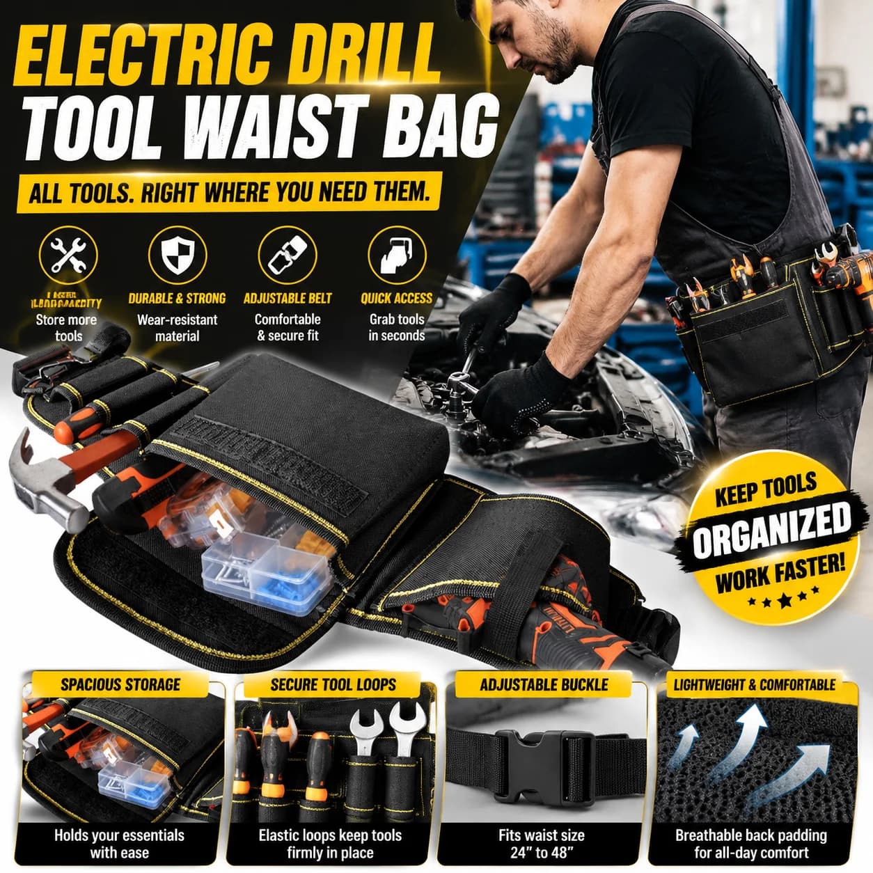 Electric Drill Tool Waist Bag Portable Power Tool Belt Heavy Duty Multi Pocket Organizer Electrician Carpenter Hammer Holder Sto