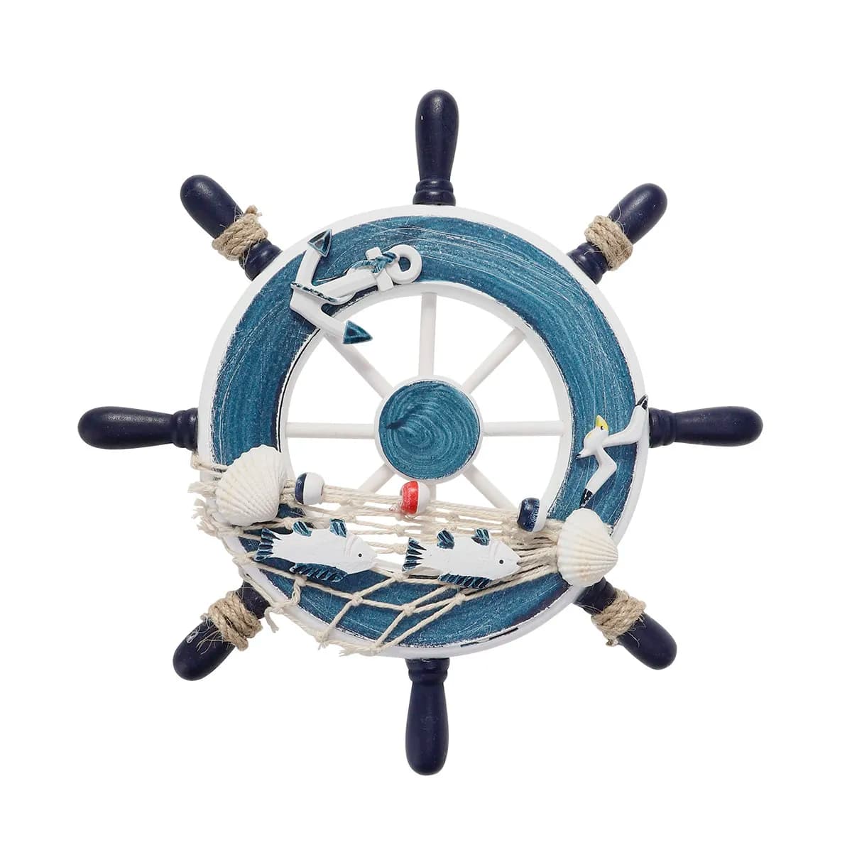 Wooden Ship Anchor Wall Decor Blue Beach Boat Steering Wheel Nautical Wall Hanging Home Decoration Fishing Net Shells Rope