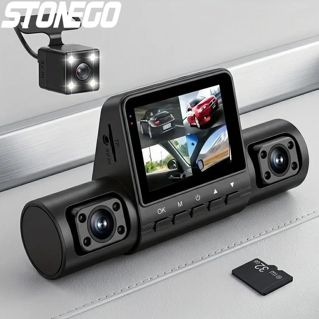 Dash Cam a 4 Obiettivi 1080P Full HD, Grandangolare, Registrazione in Loop, Controllo a Pulsante, Schermo IPS, Supporto per Laptop, DVR per Auto