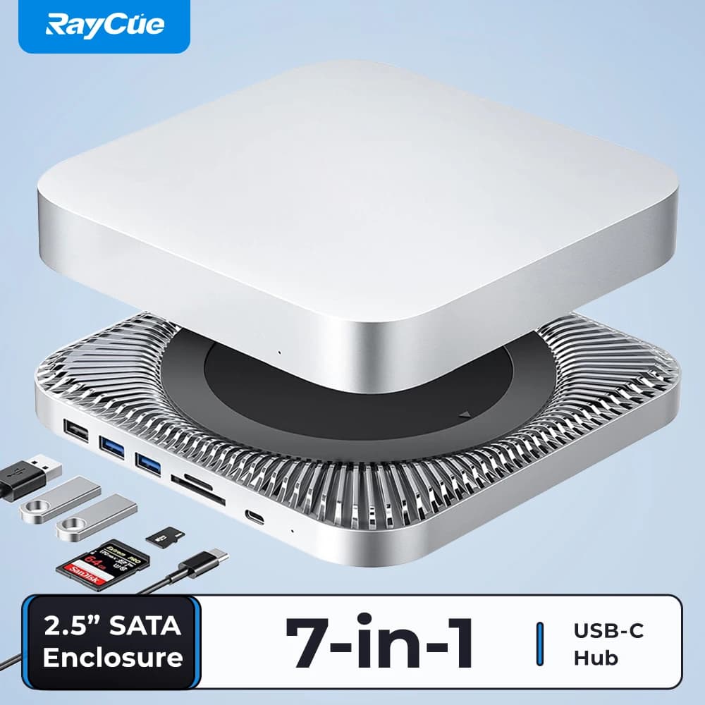 Docking station USB C RayCue per disco rigido Mac Mini 7 in 1 Hub HDD Custodia SATA Lettore di schede SD TF USB 3.0 per Mac Studio Dock