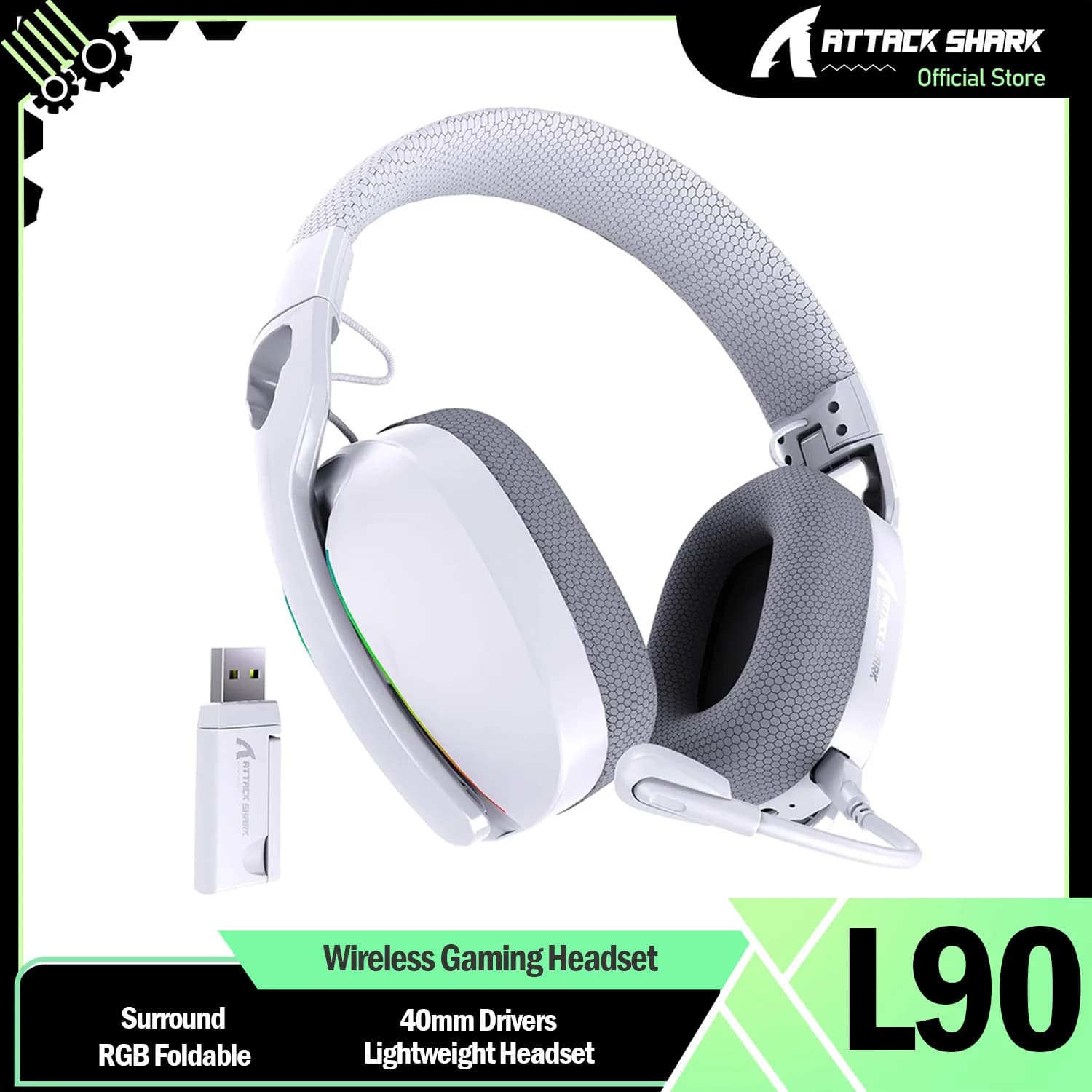 ATTACK SHARK L90 Ultralight Wireless Gaming Headphones, BT, 2.4G, 3.5 mm wired, foldable over-ear earphones with surround sound 7.2 RGB