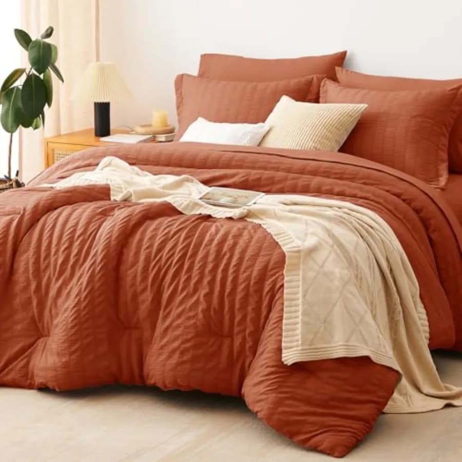 Set Copripiumino Seersucker 7 Pezzi, Set Letto Completo con Lenzuola, Set Biancheria da Letto di Lusso Terracotta con Imbottitura Alternativa alla Piuma C