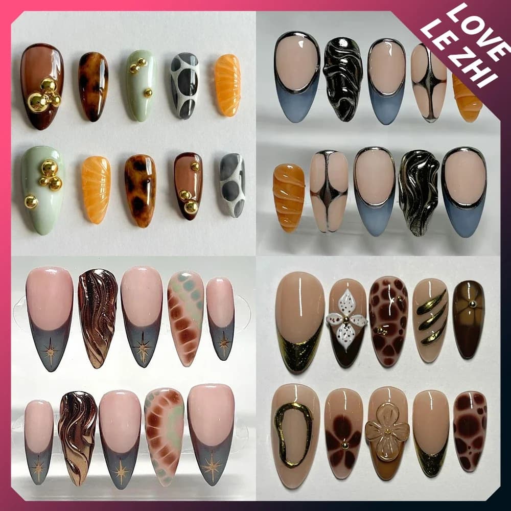 Fiori di mandorla dipinti a mano Unghie finte fatte a mano Stampa leopardata Fiore metallico Ciliegia Forma personalizzabile Punte per unghie a copertura totale