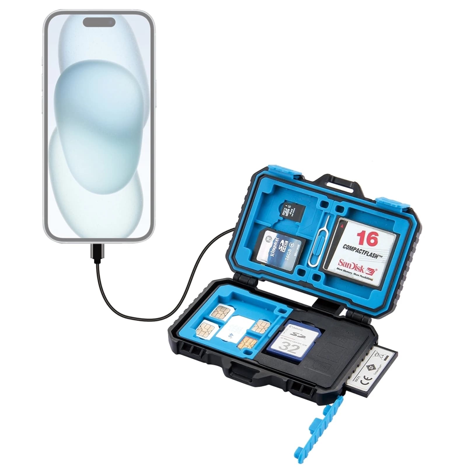 Lettore di schede PULUZ + Custodia per schede di memoria 22 in 1 per 1 SIM standard + 2Micro-SIM + 2Nano-SIM + 3CF + 7SD + 6TF + 1 PIN CARD