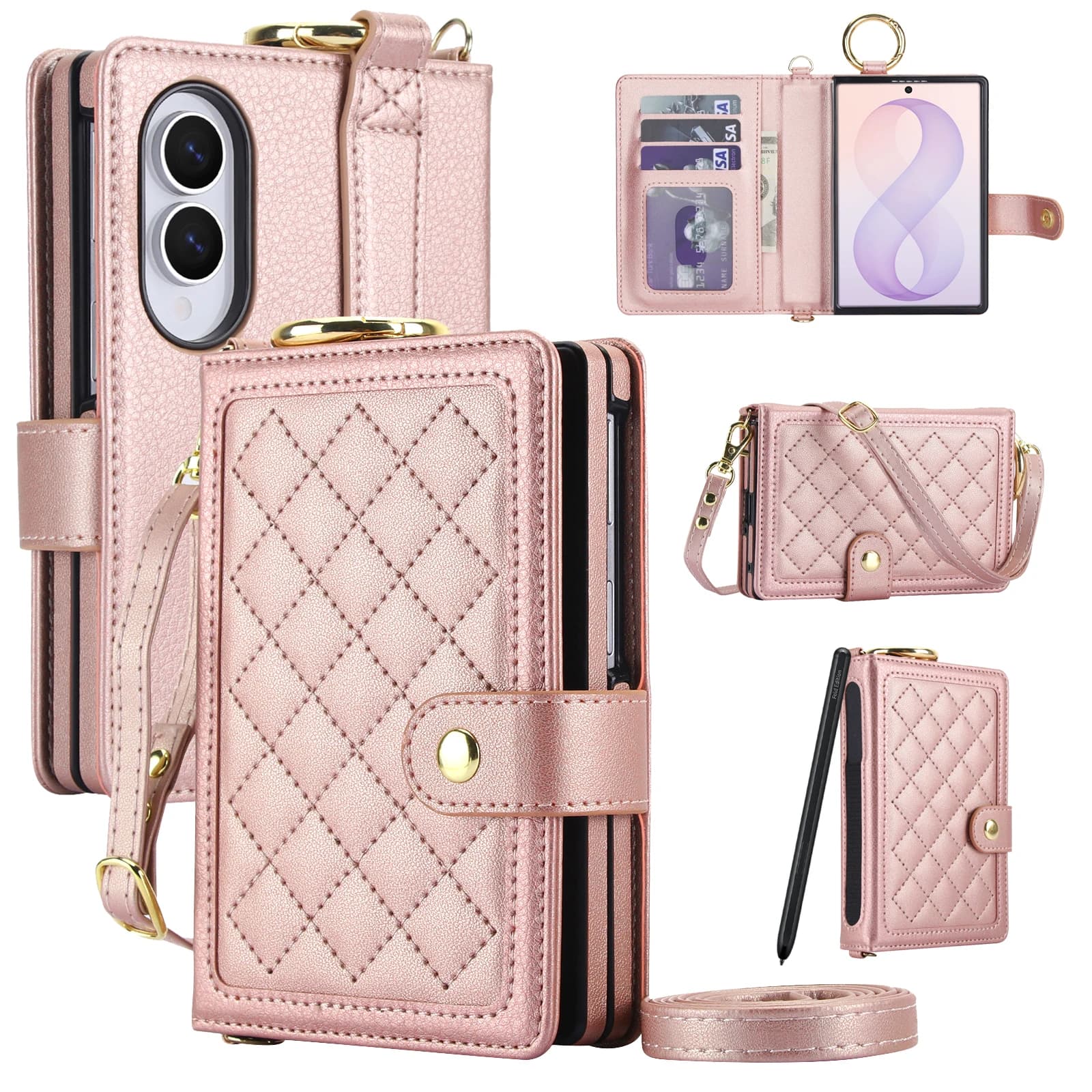 Crossbody long Lanyard Ring Holder Cards Solt Wallet Flip Leather Case for Samsung Galaxy Z Fold8 Shockproof Stand RFID Cover