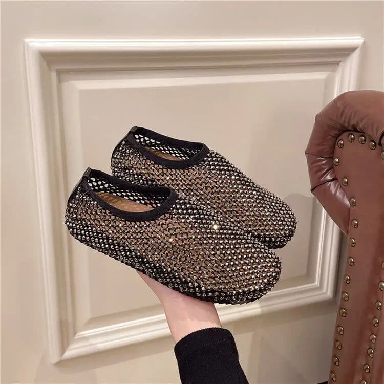 Scarpe da donna nuove con suola morbida, in rete con strass, traspiranti, con fondo piatto a rete, sandali alla moda.