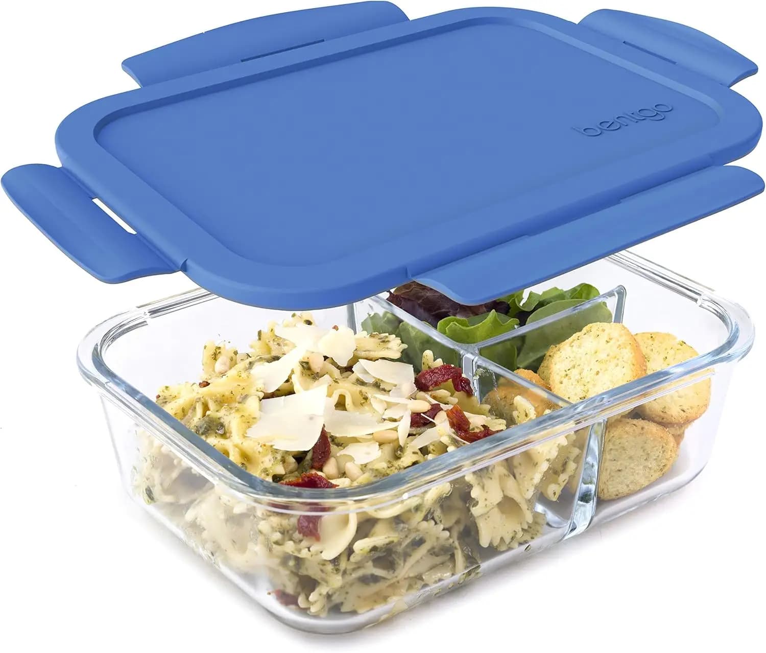 Contenitore per Pranzo a Prova di Perdite con 3 Scomparti - Contenitore in Vetro da 5 Tazze per Preparazione Pasti, Controllo Porzioni (Blu)