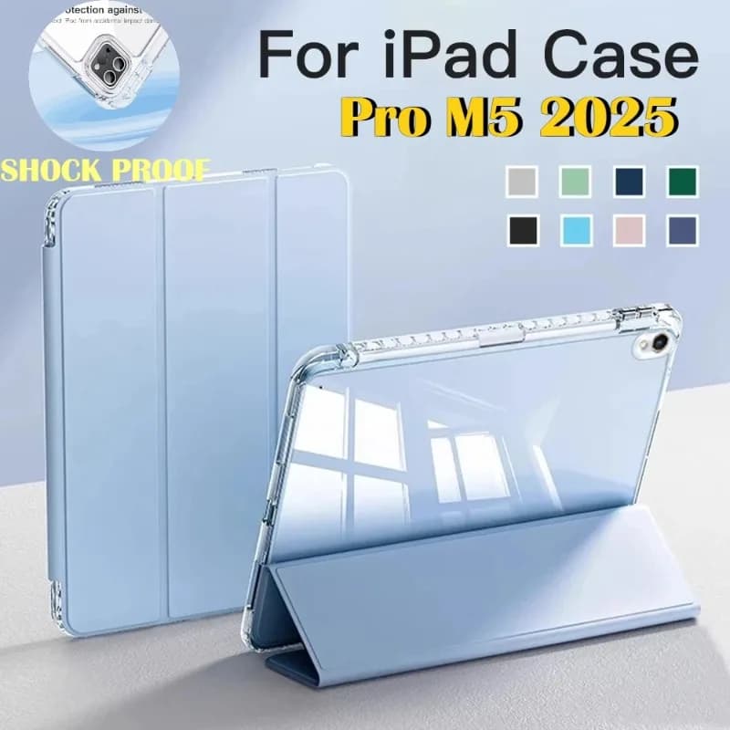 Custodia 2026 in PU con supporto a tre pieghe e porta matite trasparente per iPad A19 12a generazione, A16 11a generazione, M5, M4, Pro 11, 13, 12.9, M3, M2, Air 8, 4, 5, Mini 7, 6, 8.3