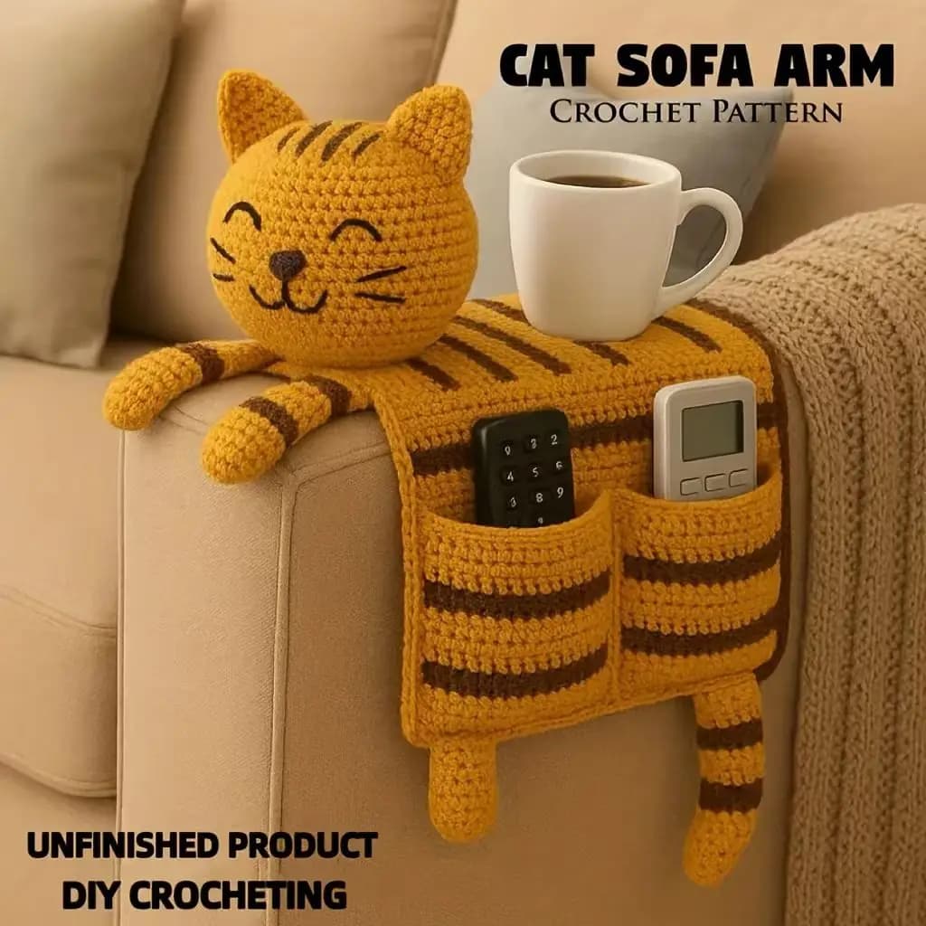 Cat Sofa Armrest Bag Crochet Material Kit - Creative DIY Crochet Set with High-Definition Tutorial Beginner-Friendly Includes Hook Needle Colorful Yarn Accessories Ideal Gift for Friends Birthday Christmas Easter Thanksgiving