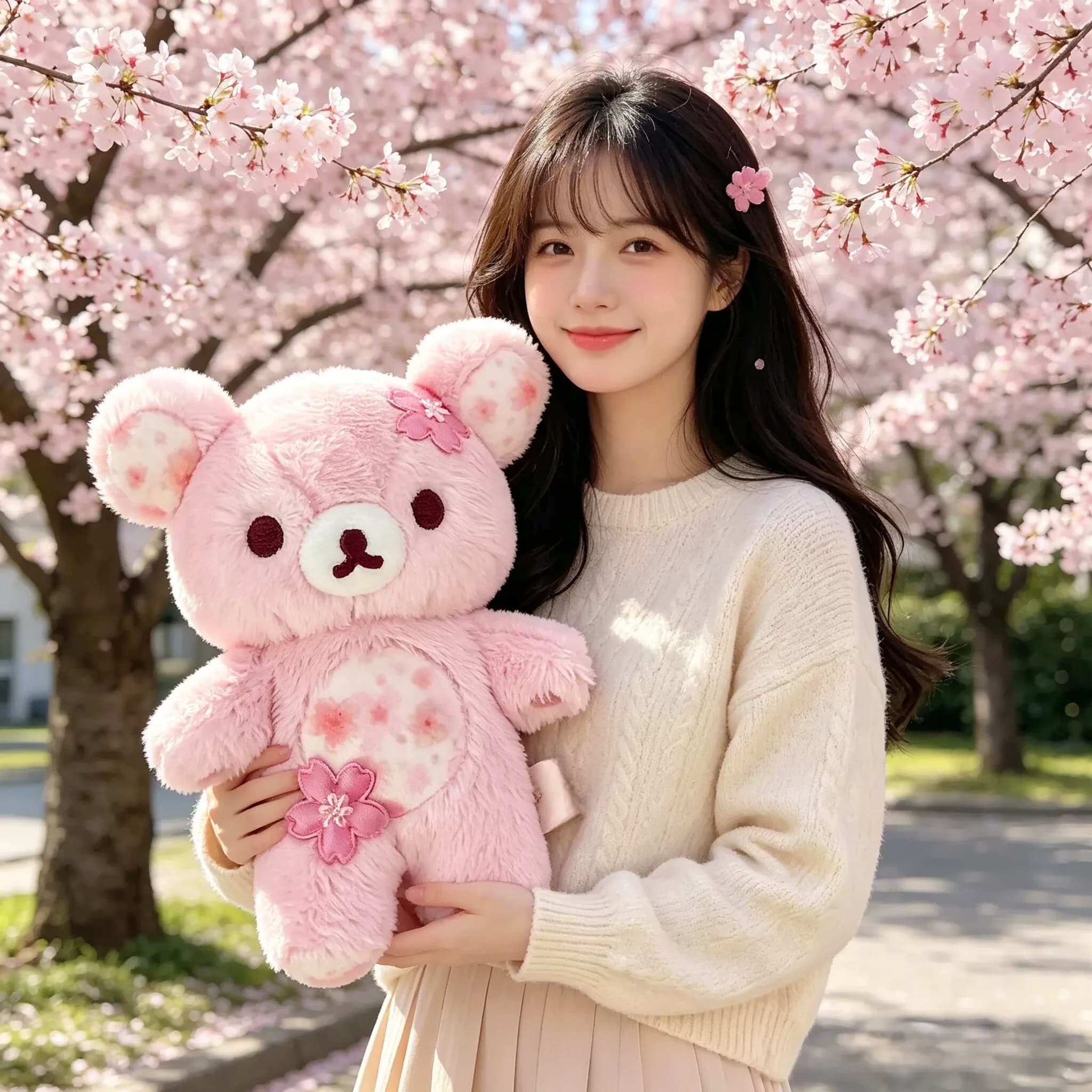 Peluche Rilakkuma a Forma di Orso con Fiori di Ciliegio, 30/40/50cm, Giocattolo Morbido e Confortevole per Dormire
