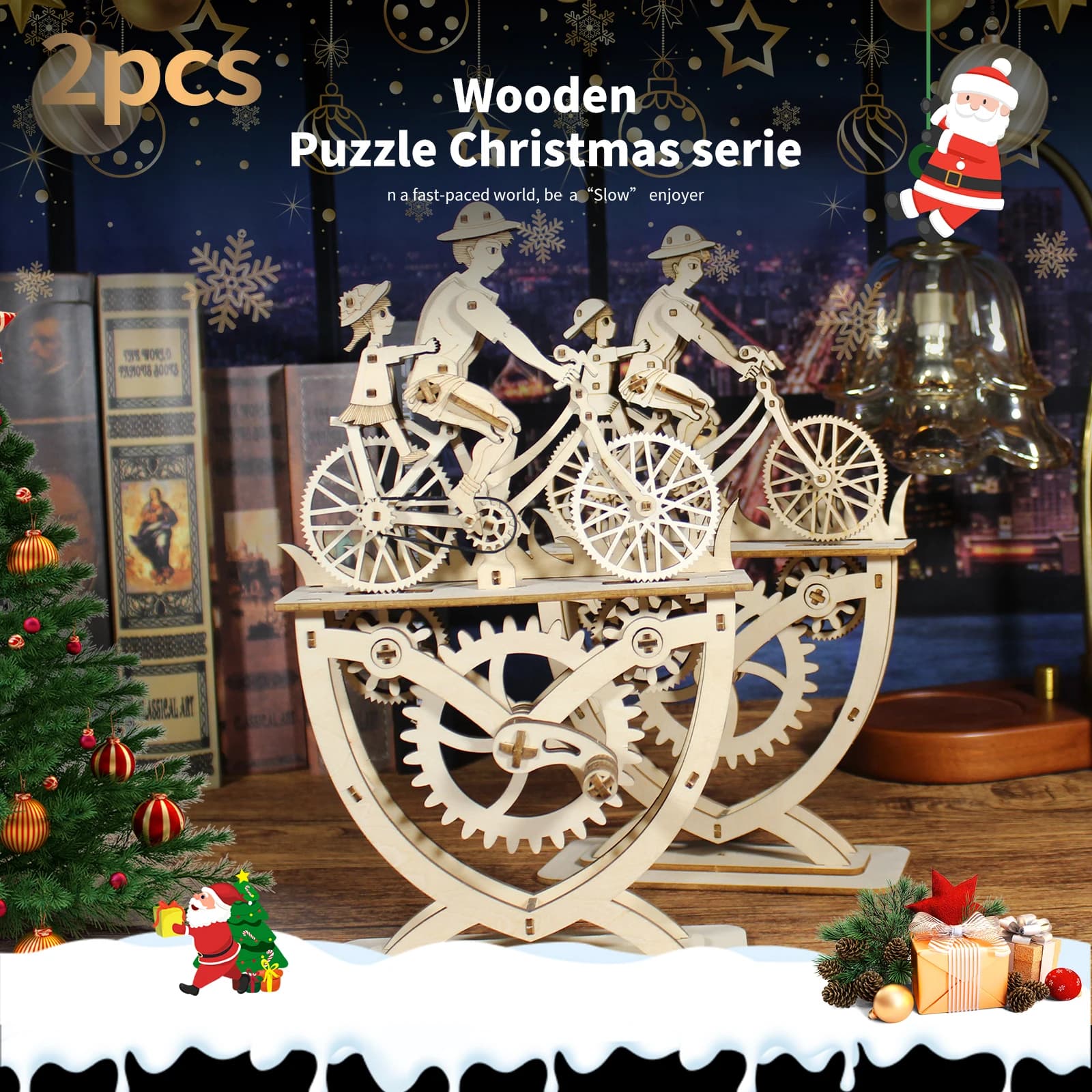 2 pezzi puzzle in legno 3D padre e figlio figlia kit modello di assemblaggio bicicletta fatto a mano fai da te decorazione creativa
