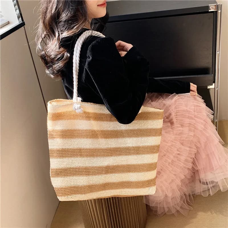 New Trendy Striped Knitted Mini Tote Bag Women Girl Casual Shoulder Bag Student Handbag Retro Canvas Bucket Bag Purse