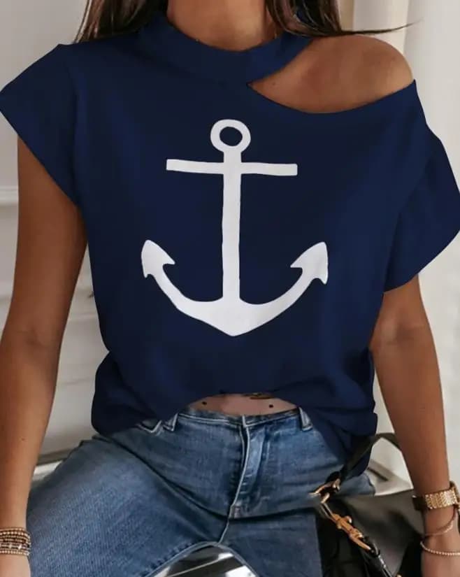 New Fashion 2023 Casual Summer manica corta Boat Anchor Print Cold Shoulder Casual t-shirt Pullover Tops