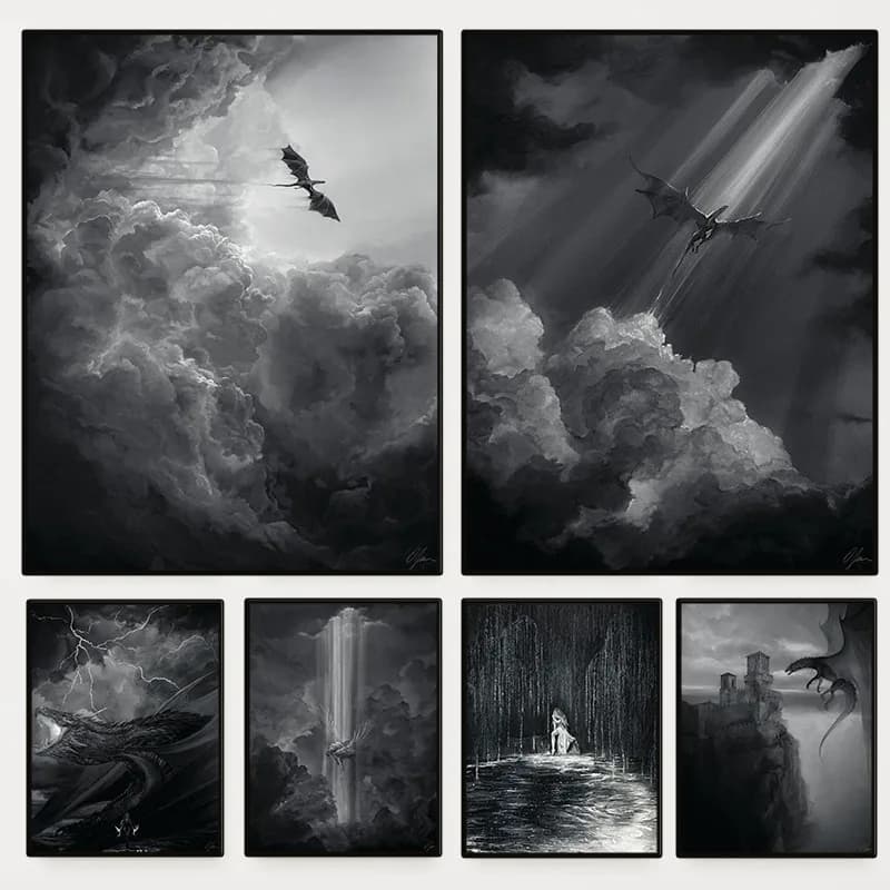 Black and White Fantasy Dragon Stag Poster Vintage Storm RiderFourth Wing Canvas Painting Wall Art for Living Room Home