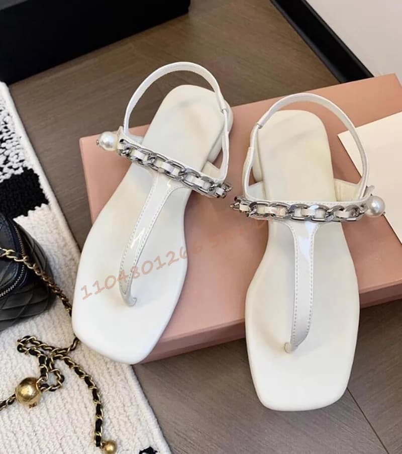 Luxury Metallic Chain White Black Slippers Genuine Leather Sandals with Pearl Accents for Women Summer Flats