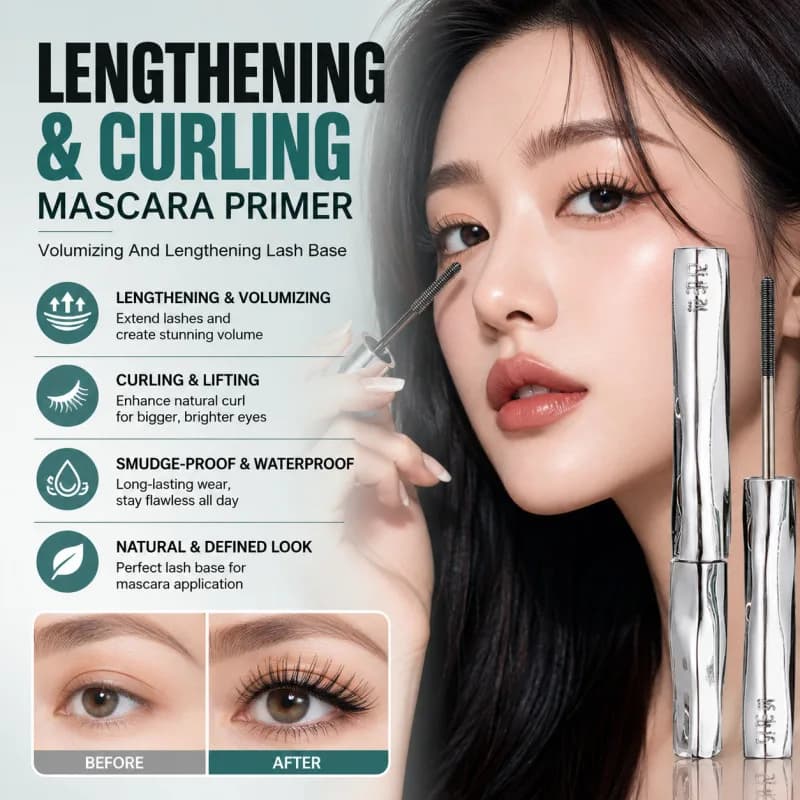 Primer for elongating and curved mascara, volumizing and elongating base for eyelashes, natural and long-lasting effect, resistant to deburring