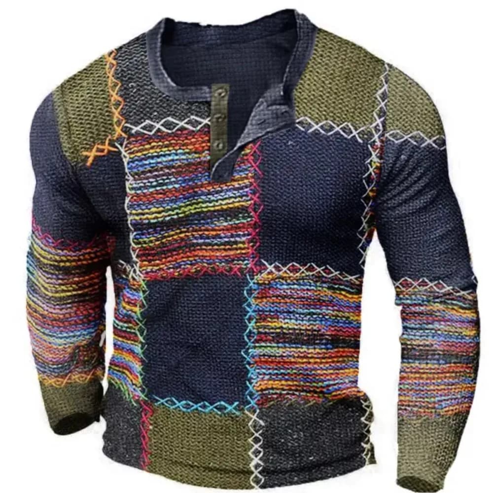 Henry Shirts Patchwork Plaid 3D Rags Print Pattern New Men's Long Sleeved T-shirt With Men's Clothing Spring Autumn Sizes S -5XL
