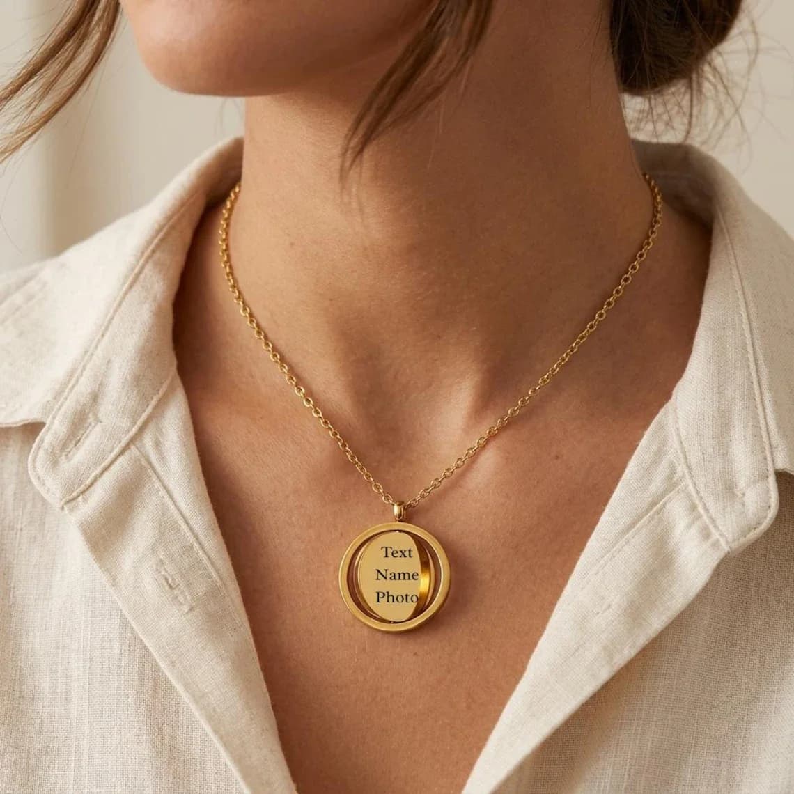 Custom Name Text Photo Rotatable Round Pendant Necklace for Women Men Stainless Steel Laser Engrave Necklace Couple Jewelry Gift