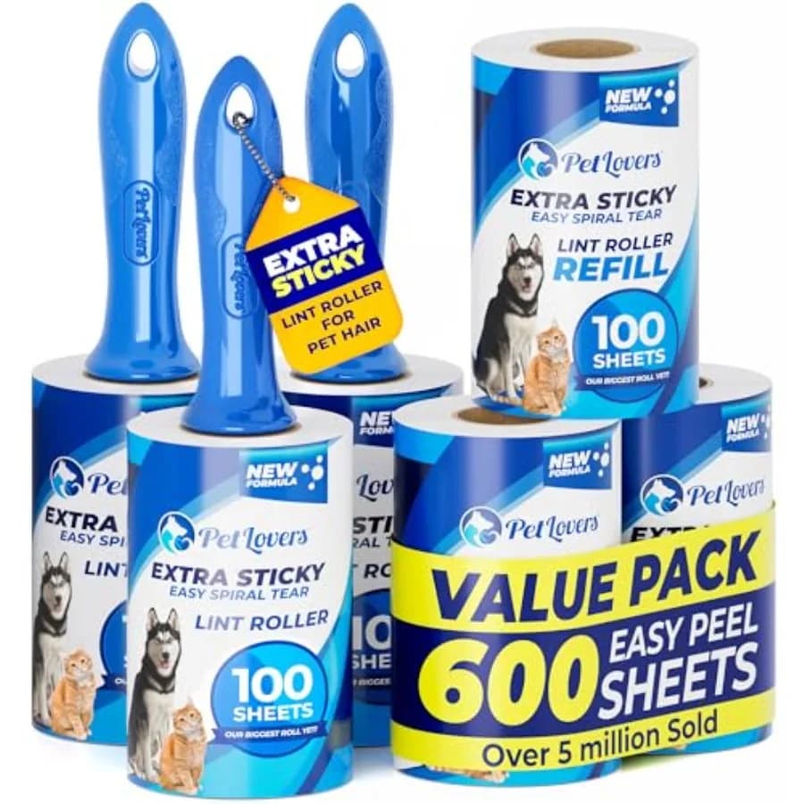 Extra Sticky Lint Roller Mega Value Set 600 Sheets for Pet Hair Removal, Dog and Cat Lint Remover 6 Pack