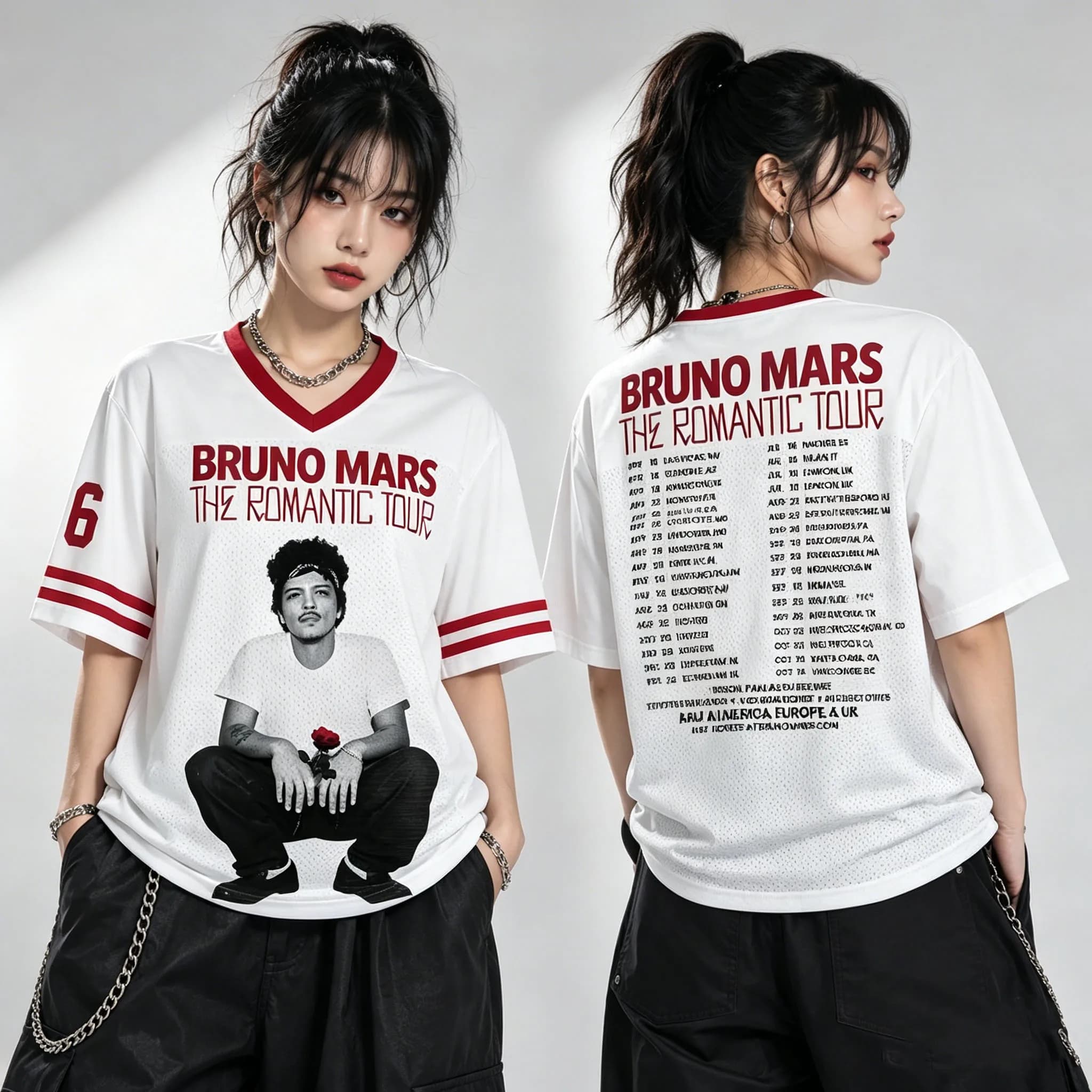 Bruno Mars The Romantic Tour 2026 V-Neck Jersey T-Shirt Retro Hip Hop Streetwear 3D Print Tee Unisex Tops For Fans Kids Adults