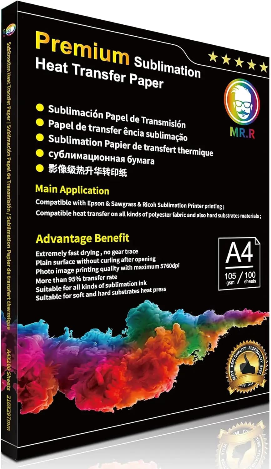 Carta per Sublimazione a Trasferimento Termico per EPSON Sawgrass Ricoh, 105gsm A4 8.3x11.7in, 100 Fogli, Asciugatura Rapida Alta Trasferibilità