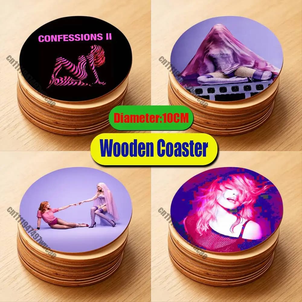 For M-Madonna Confessions II 2 Coaster Cover Wine Water Coffee Tea Cup Glass Mat Custom Wood Round Non Fouling