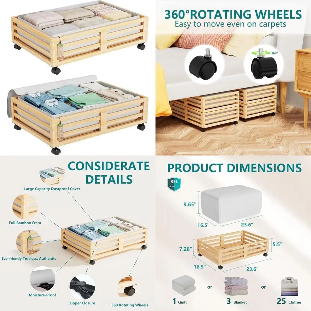 Sublet holder boxes with wheels and large dust bag, set of 2 wooden shoe organizers (Naturale, Piccolo)