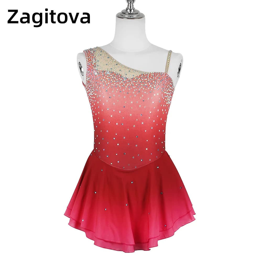 ZAGITOVA Abito da pattinaggio di figura Donna Ragazza Gonna da pattinaggio su ghiaccio Gonna a rete Costume Pesca Rosa sfumato