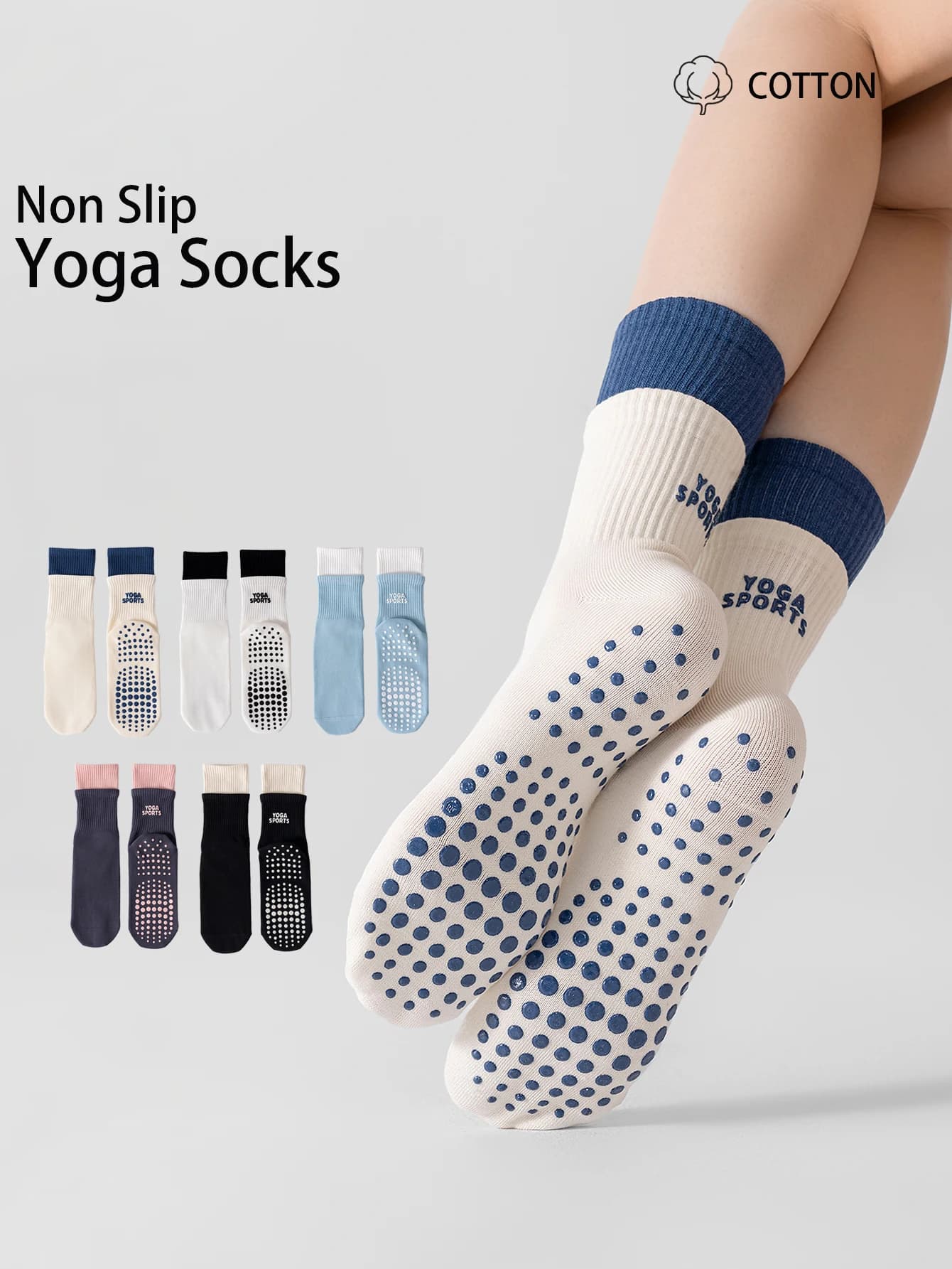 1/2 Pair of Color-Blocked Women's Non-Slip Yoga Mid-Calf Socks, Cotton Blend Silicone Dot Pilates Floor Socks, Indoor Fitness Dance Sports Socks