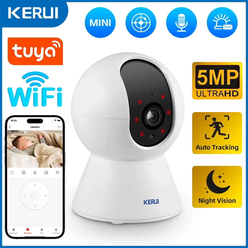 KERUI 5MP IP Camera Indoor Tuya Smart Home WiFi Security Mini Camera Auto Tracking videocamera di sorveglianza CCTV Baby Monitor