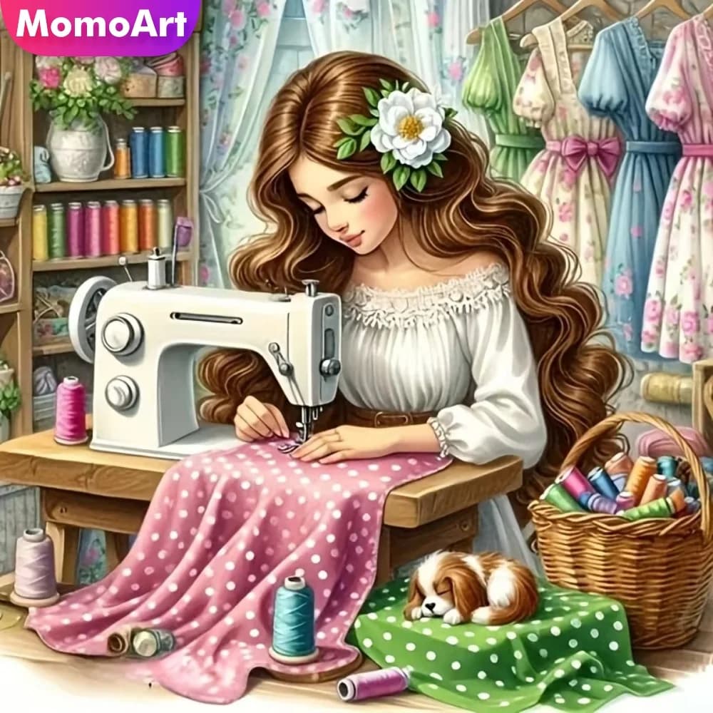 Momoart Kit Ricamo Diamantato Fai da Te, Ritratto di Ragazza, Punto Croce, Pittura Diamantata, Decorazione per la Casa