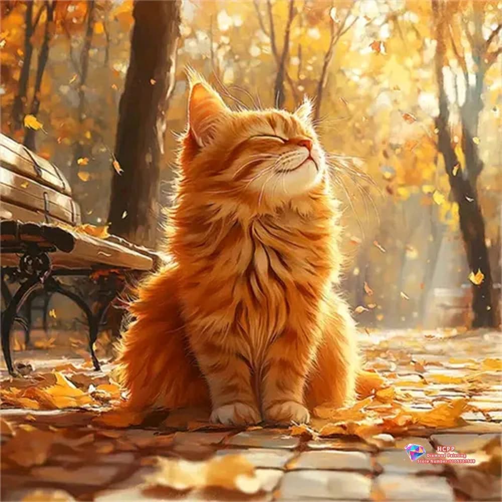 Autumn Orange Cat in Park 5D DIY Diamond Painting Set with Square and Round Diamonds Handmade Crafts Home Decor Gifts.
