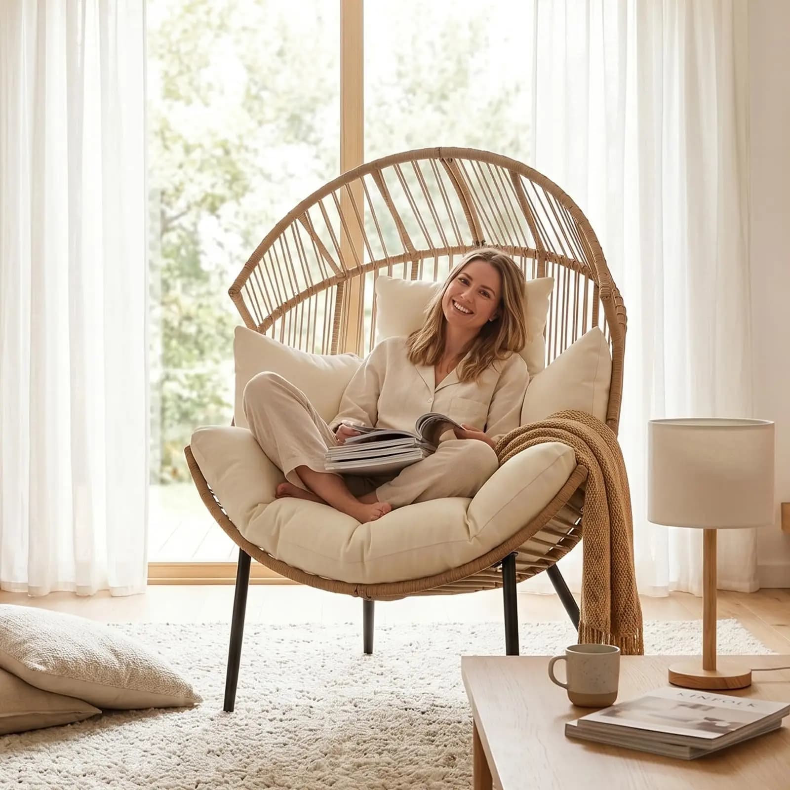 Poltrona Papasan Oversize da Esterno in Vimini, Sedia a Dondolo Ergonomica in Rattan con Cuscino Spesso, Arredamento per Patio e Soggiorno