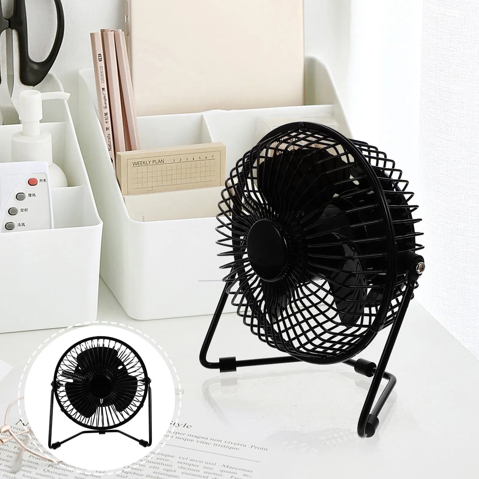Ventola di Raffreddamento USB con Orologio LED e Indicatore di Temperatura 360 ° Ventilatore da tavolo portatile con telaio in metallo e motore brushless rotante per casa, ufficio e dormitorio