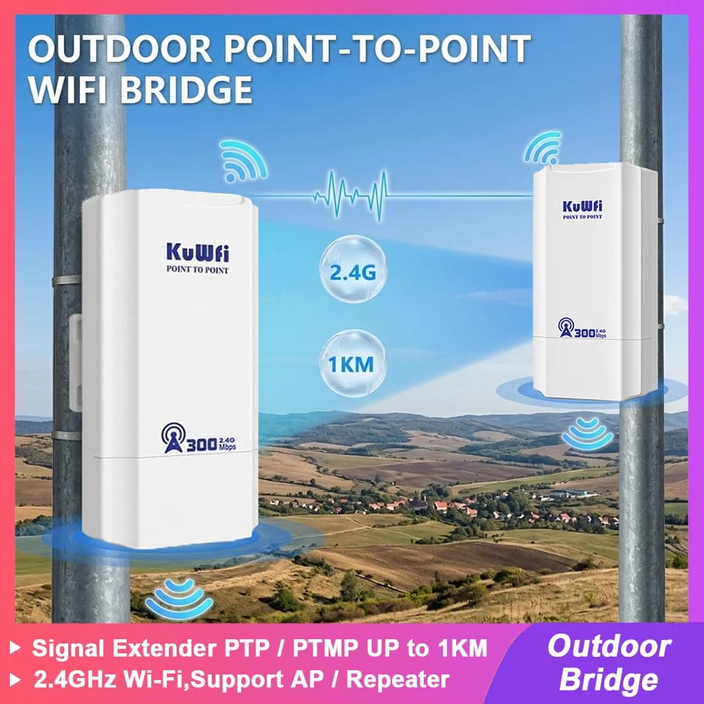 KuWFi 300Mbps 2.4G Wi-Fi Signal Amplifier Point to Point 1KM Long-Range Signal Coverage AP Repeater Mode IP65 Support 24V POE