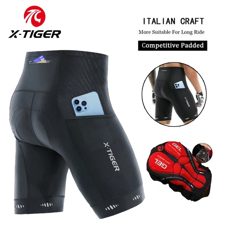 X-TIGER Men's Cycling Shorts Three Pockets Cycling Shorts Padded in Gel 5D Reflective Cycling TMB Mountain Road