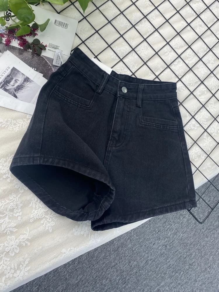 High Waist Black Denim Shorts Women's Summer New Style Slimming Versatile Straight Leg Cool A-Line Hot Pants Washed Effect