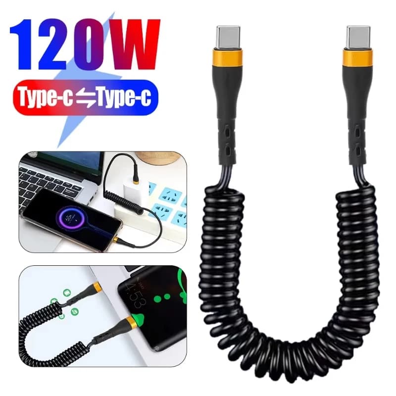 PD 120W Tipo-C Cavo di ricarica rapida per auto a molla per Xiaomi Redmi Huawei Tipo C a tipo C Cavo dati per iPhone 15 Serie Cavo USB C