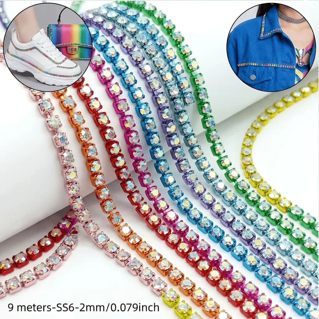 9m Roll Rhinestone Chain SS6-2mm, Color Bottom White AB, Sew-On/Glue-On for Shoes, Bags, Garment DIY