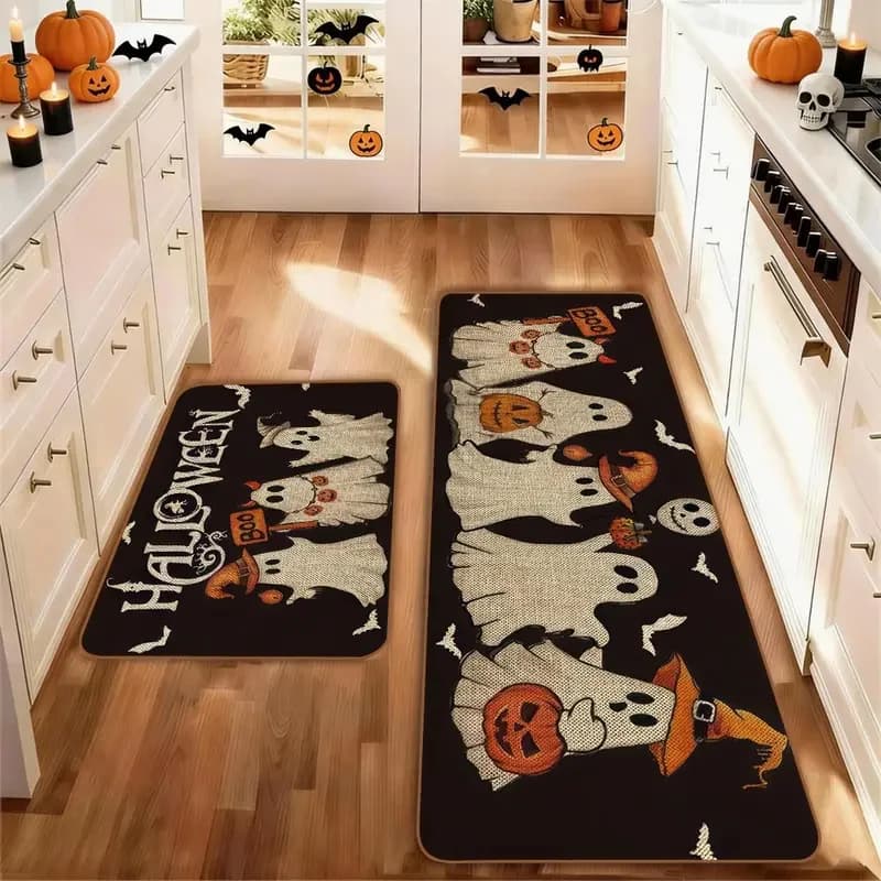 VIKAMA Halloween Ghost Pumpkin Bat Print Kitchen Rug Set Soft Non Slip Waterproof Washable Runner Floor Mat Indoor Kitchen Decor