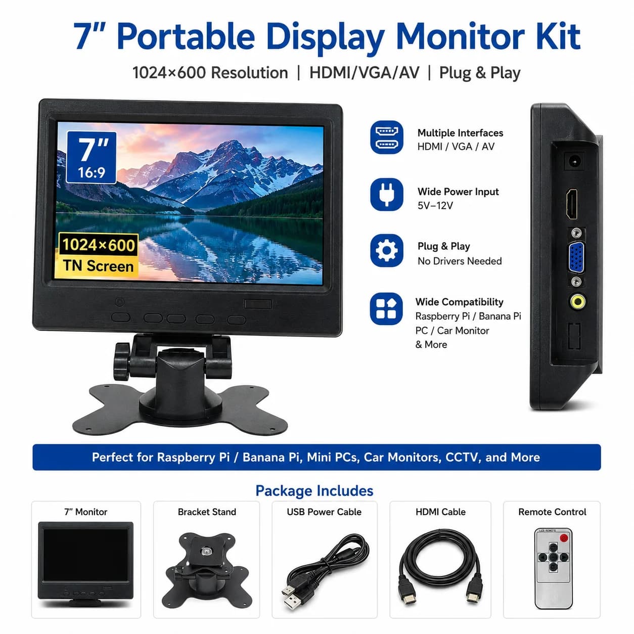 7-inch portable monitor screen LCD display with shell base for Raspberry Pi PC computer-aided screen mini computer TV box