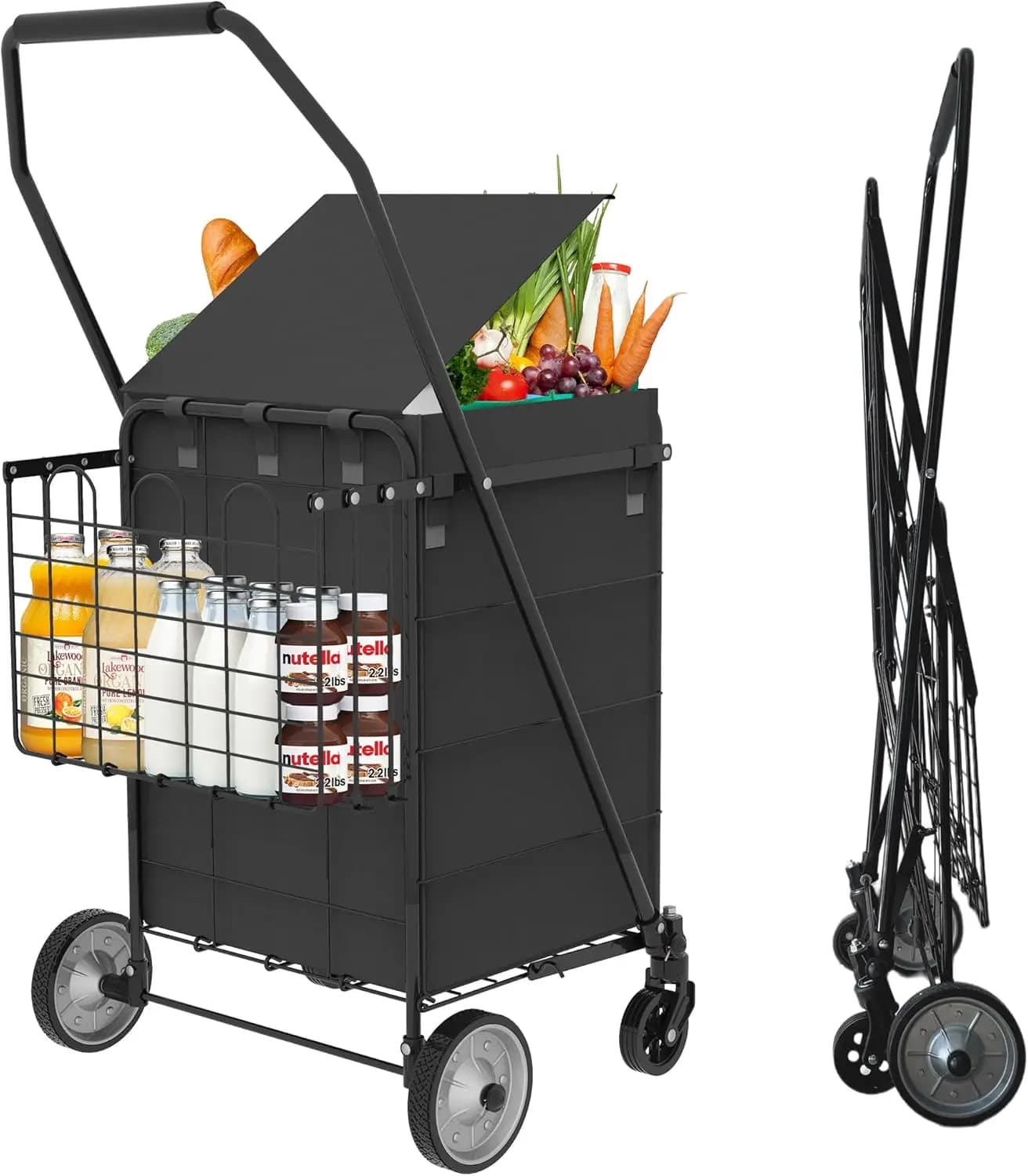 Shopping Cart Grocery Cart on Wheels - Waterproof Bag Included, 10-min Assembly Utility Wagon, Lightweight Shopping Cart with 360° Swivel Wheels for Grocery, Apartments, Laundry, Max Load 100 lbs
