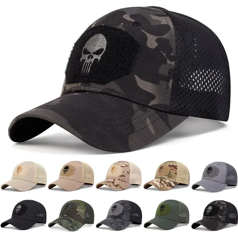 Men Camouflage Mesh Baseball Cap Skull‑Pattern Hook‑and‑Loop Patch Duckbill Hat Outdoor Sun‑Protection Hiking Casual Sports Caps